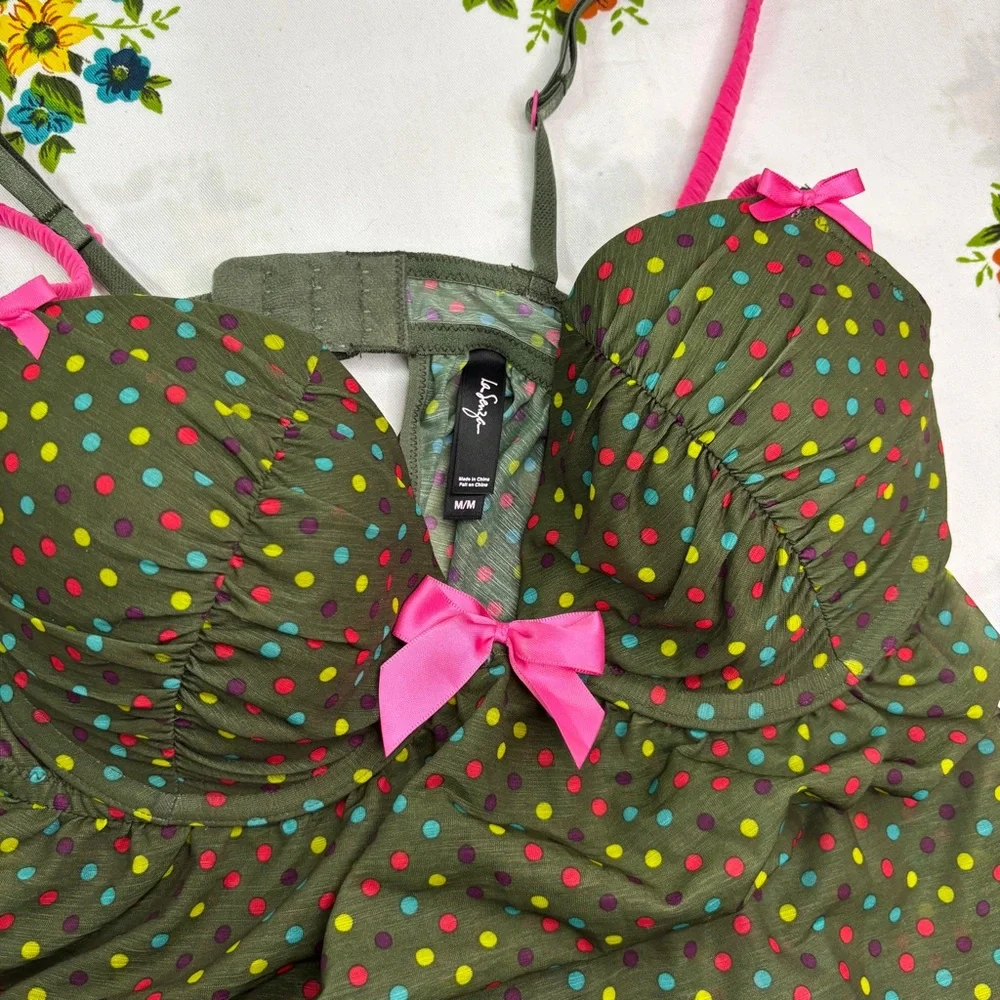 La SENZA sz M Green & Multicolour Polka Dot Chemise with Pink Straps & Bow - Picture 4 of 9
